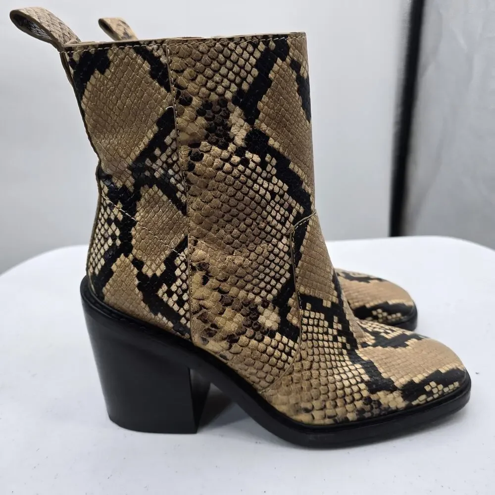 Tory Burch Boots Womens Size 9 Brown Snake Leather Ankle Block Heel Booties